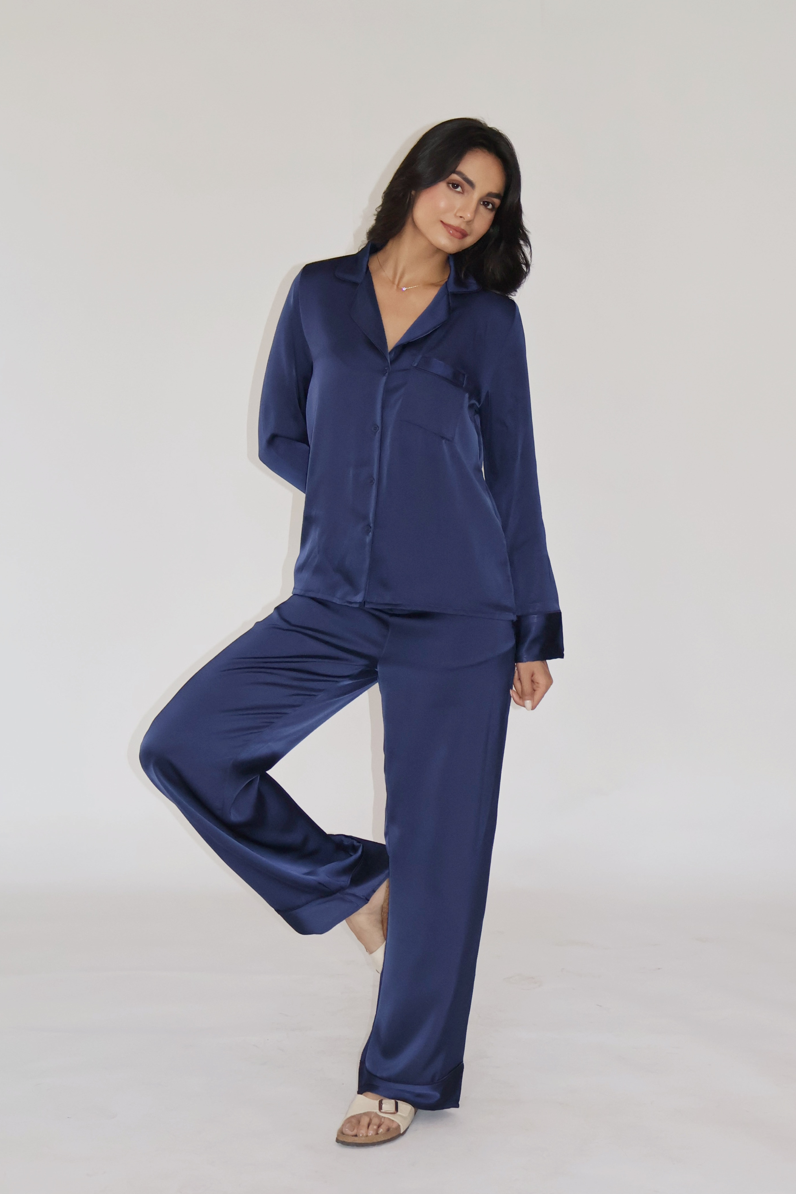 PEARL SILK PJ SET - (Navy)