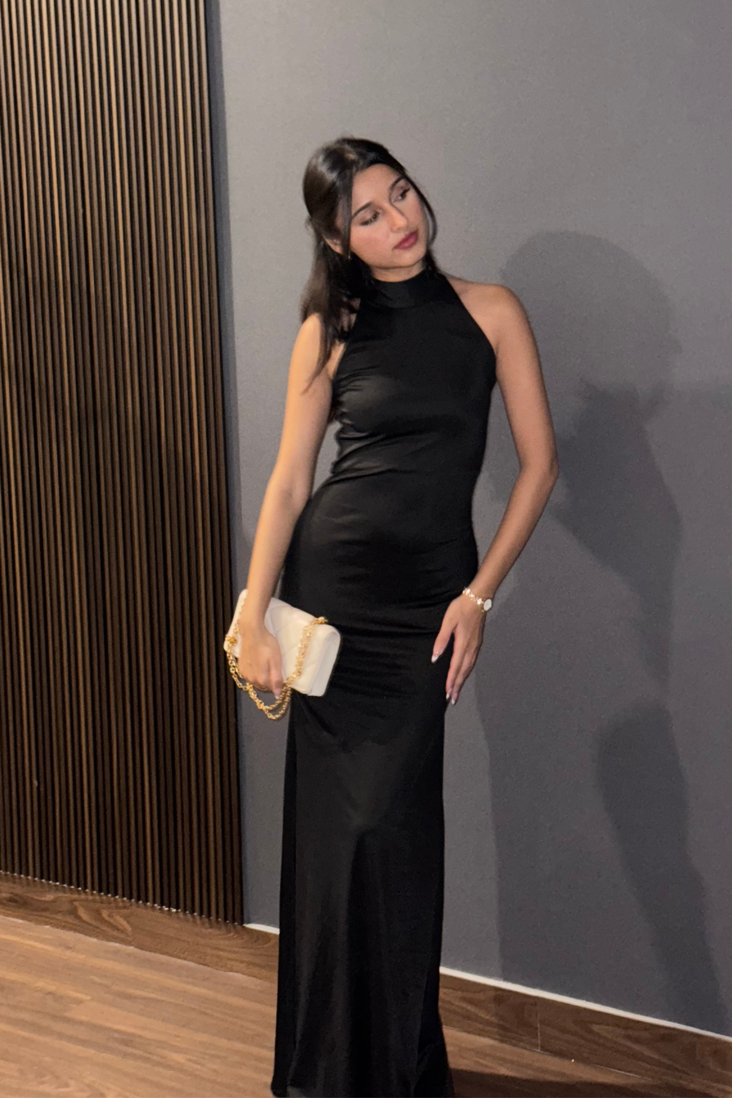 Mannat in Black Long Halter Neck Maxi Dress - Ether Dress (Onyx)