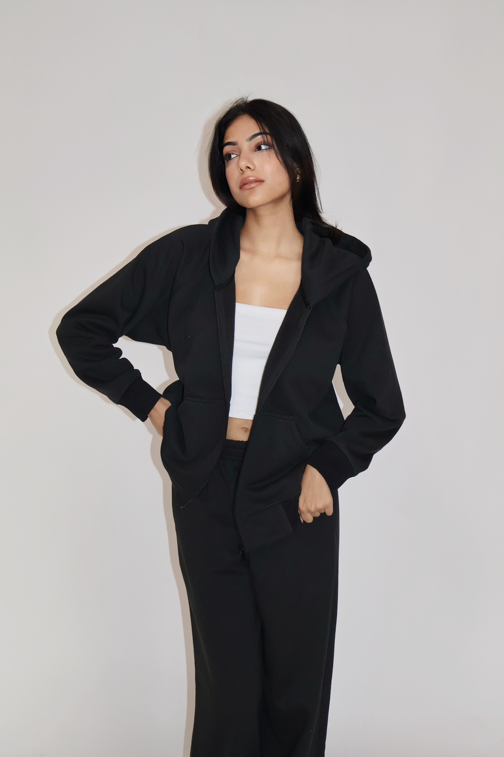 HOODED ZIPPER CO-ORD SET - (Black)
