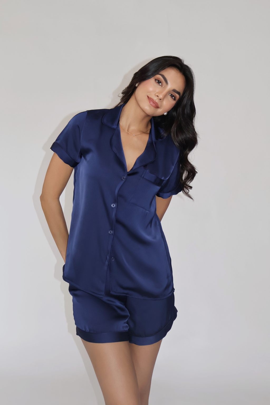 CREME SILK PJ SET - (Navy)