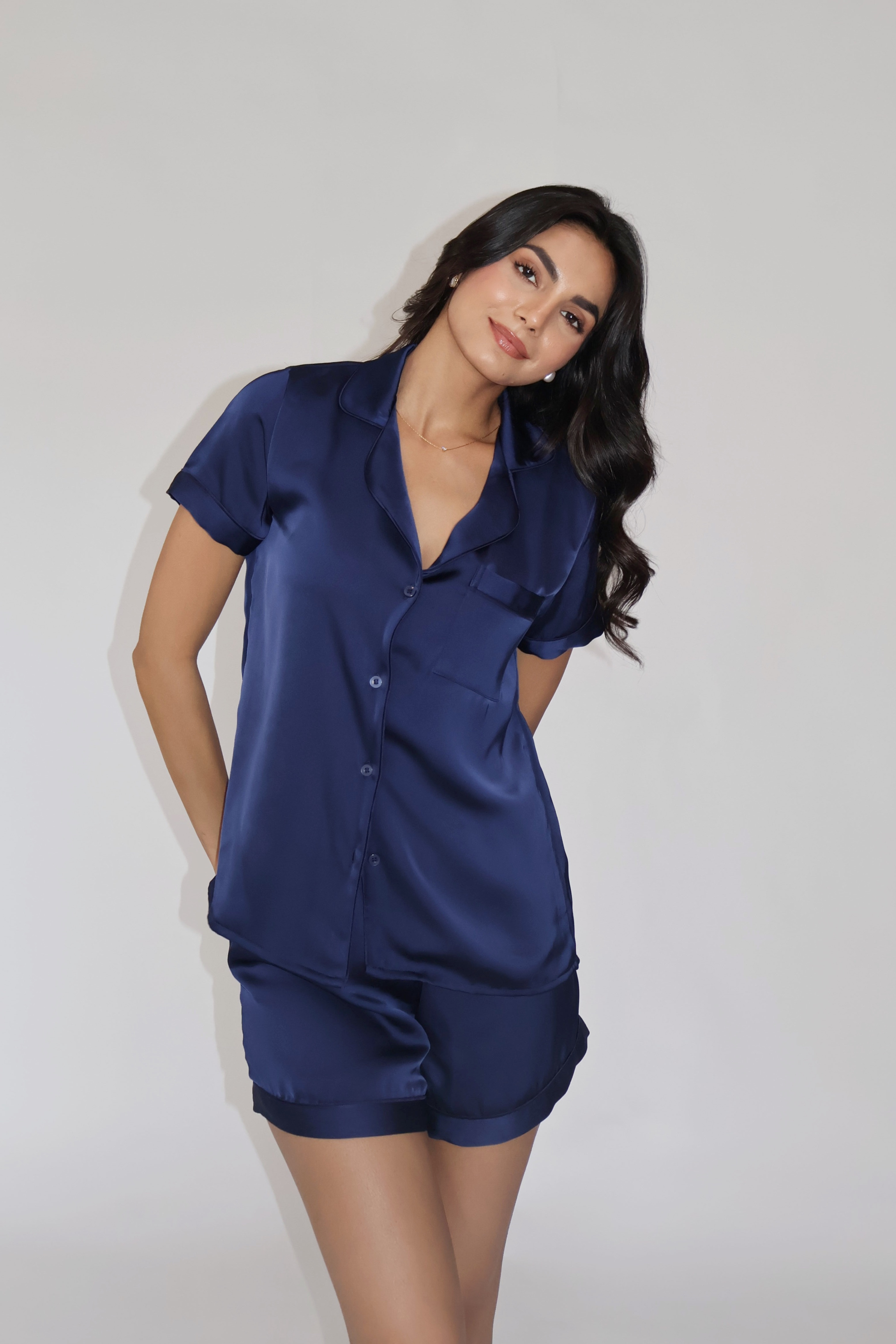 CREME SILK PJ SET - (Navy)