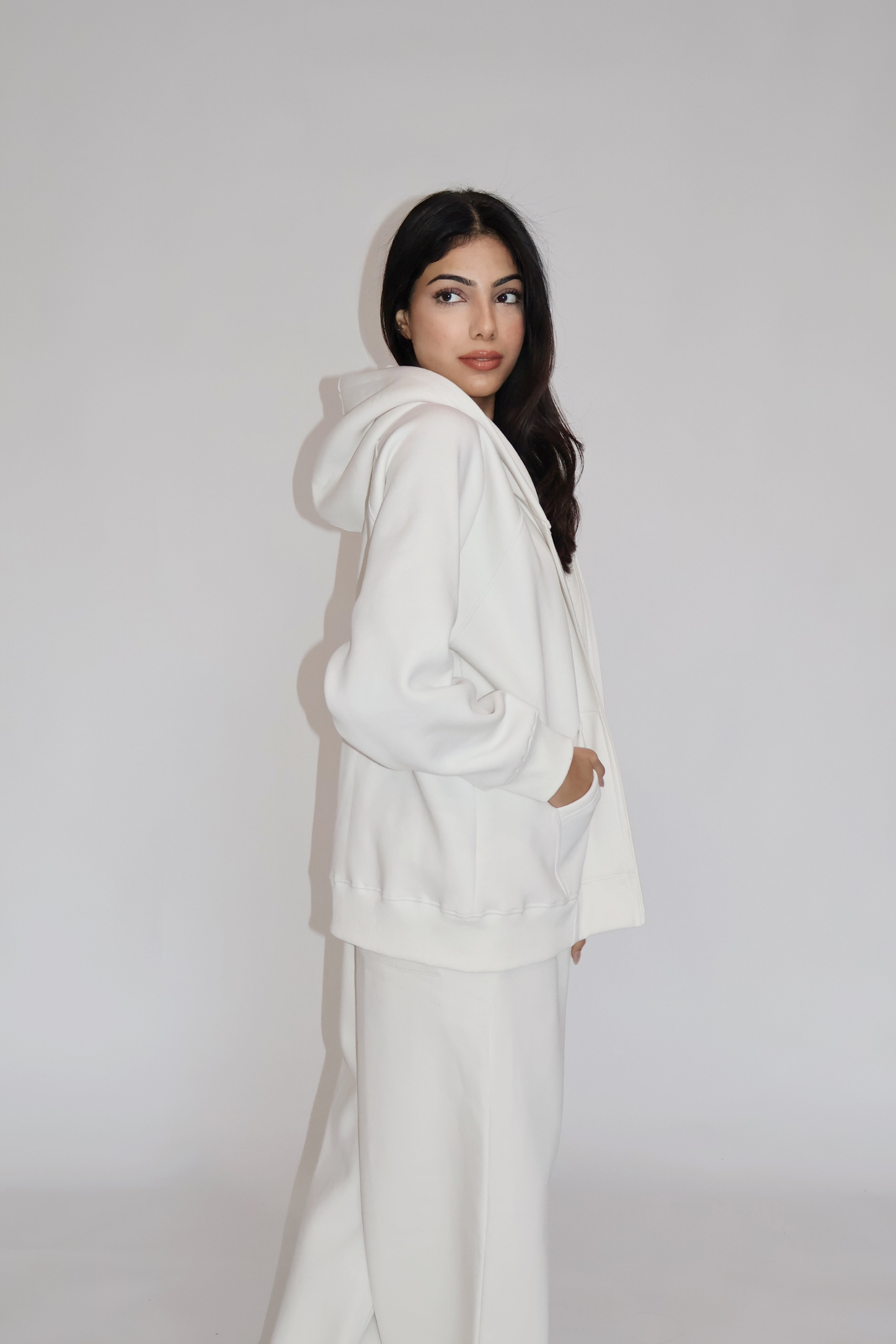 HOODED ZIPPER CO-ORD SET - (White)