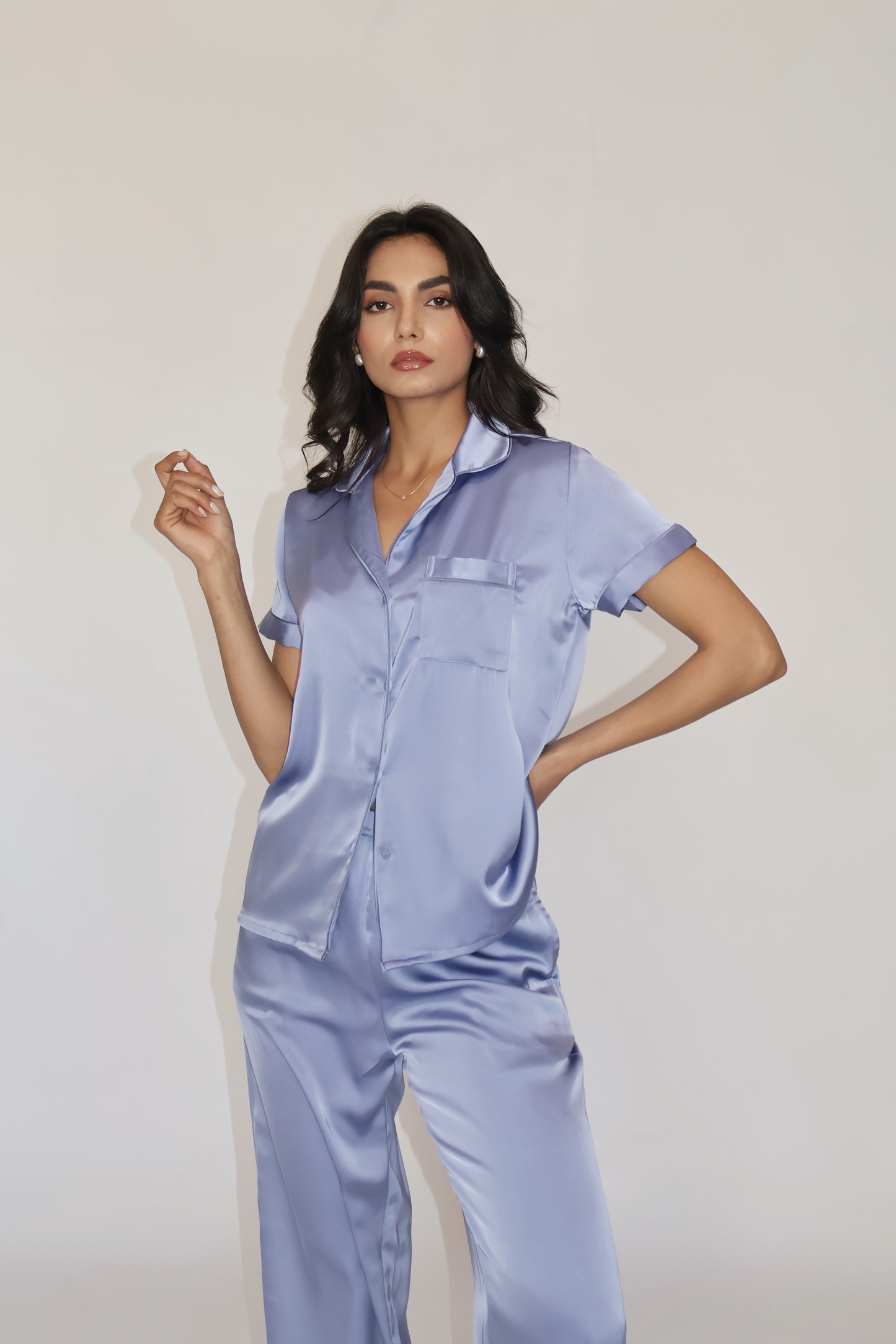 BUTTER SILK PJ SET - (Powder blue)