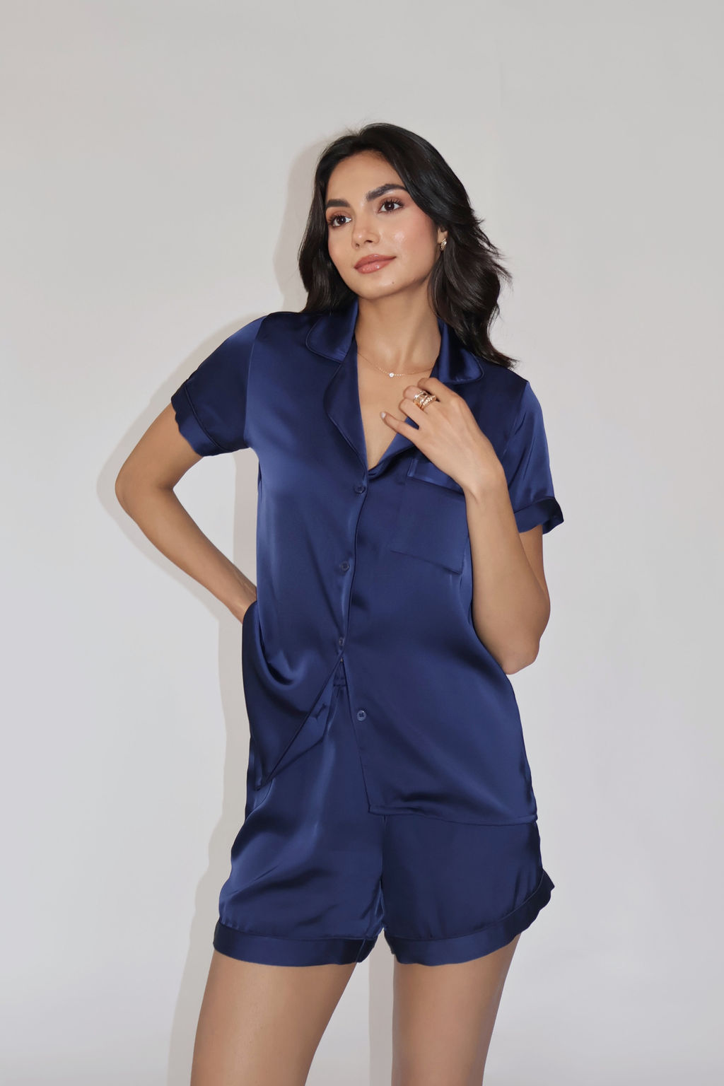 CREME SILK PJ SET - (Navy)