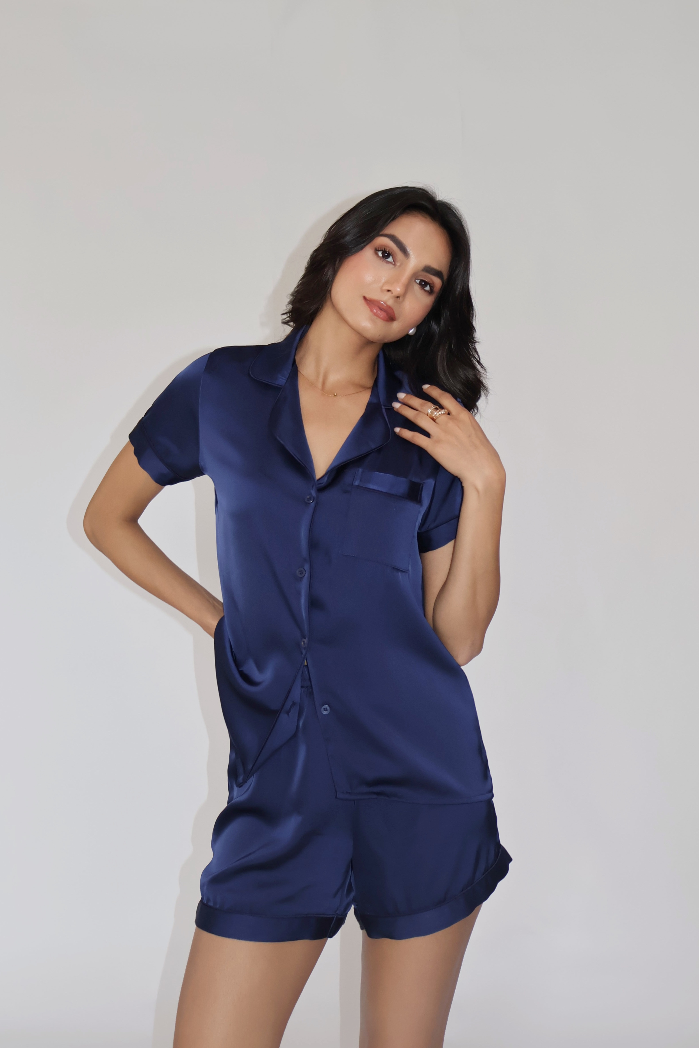 CREME SILK PJ SET - (Navy)