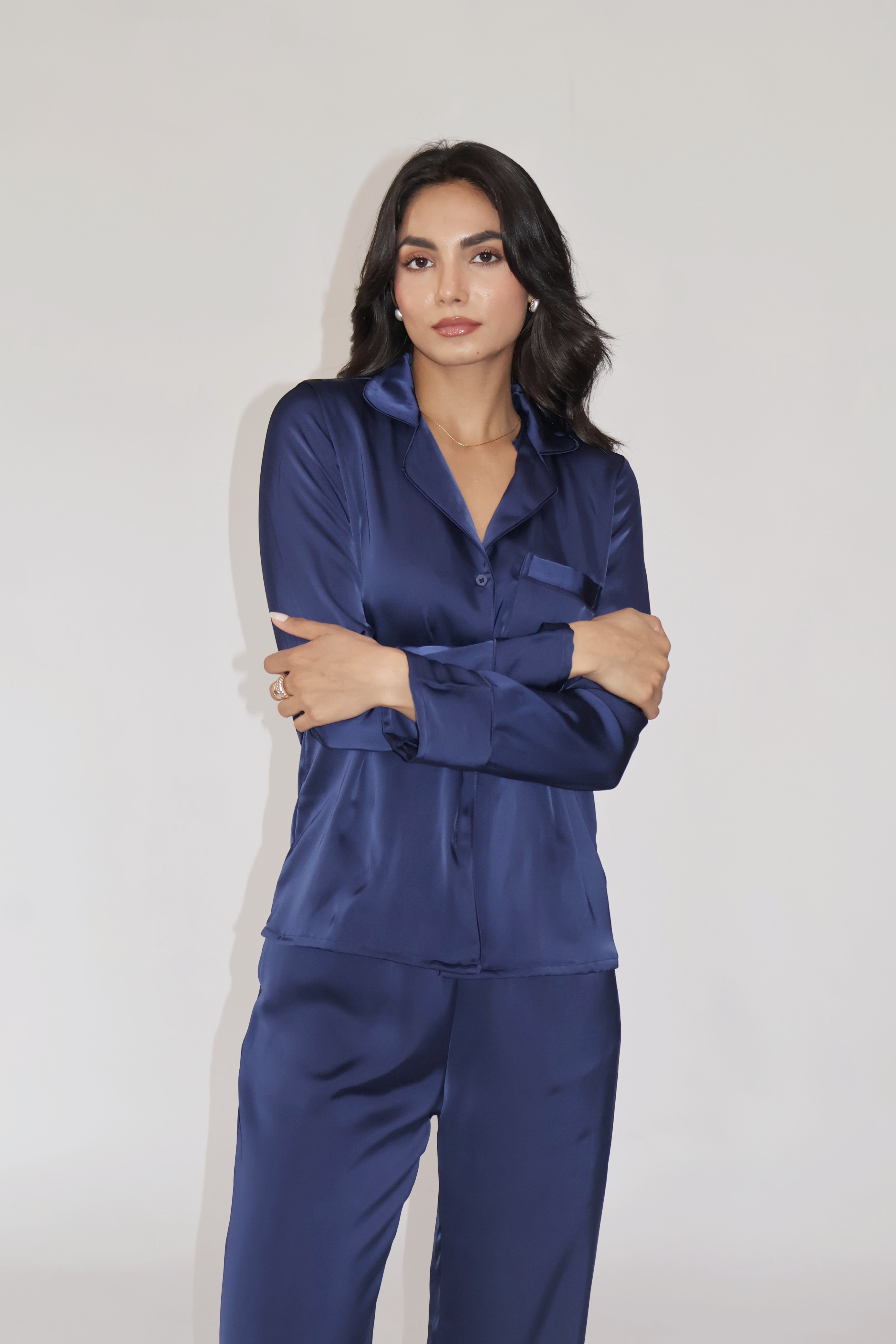 PEARL SILK PJ SET - (Navy)