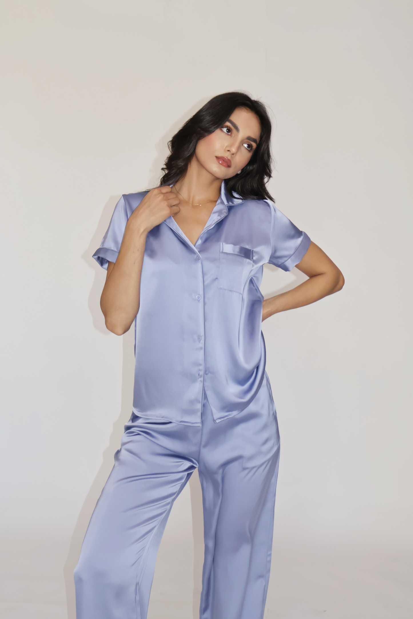 BUTTER SILK PJ SET - (Powder blue)
