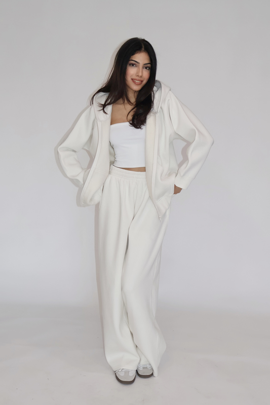 HOODED ZIPPER CO-ORD SET - (White)