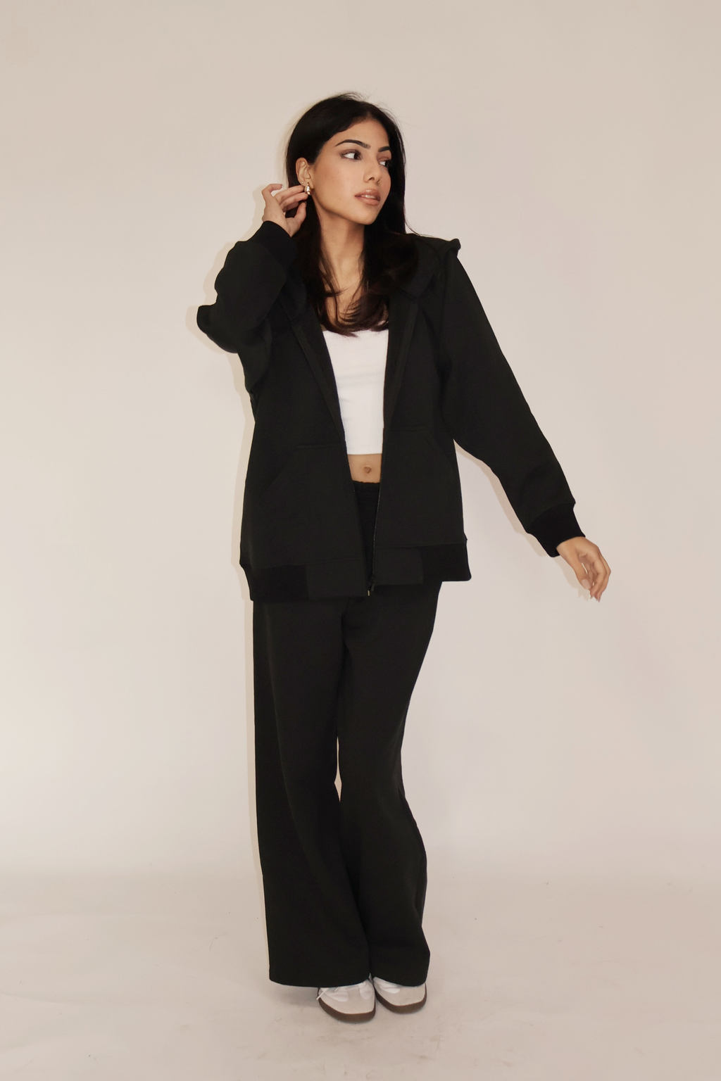 HOODED ZIPPER CO-ORD SET - (Black)