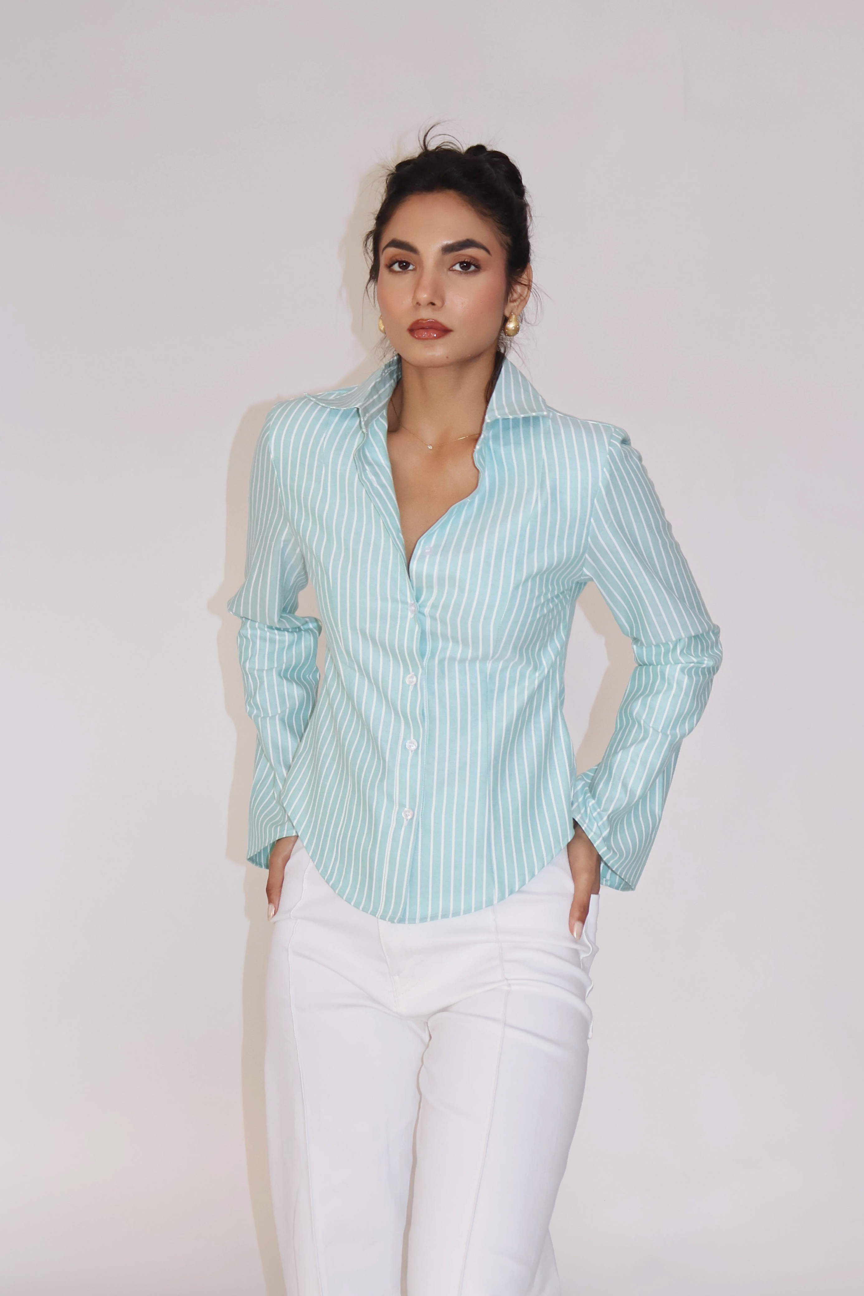 Teal Striped Fitted Shirt – IRIS