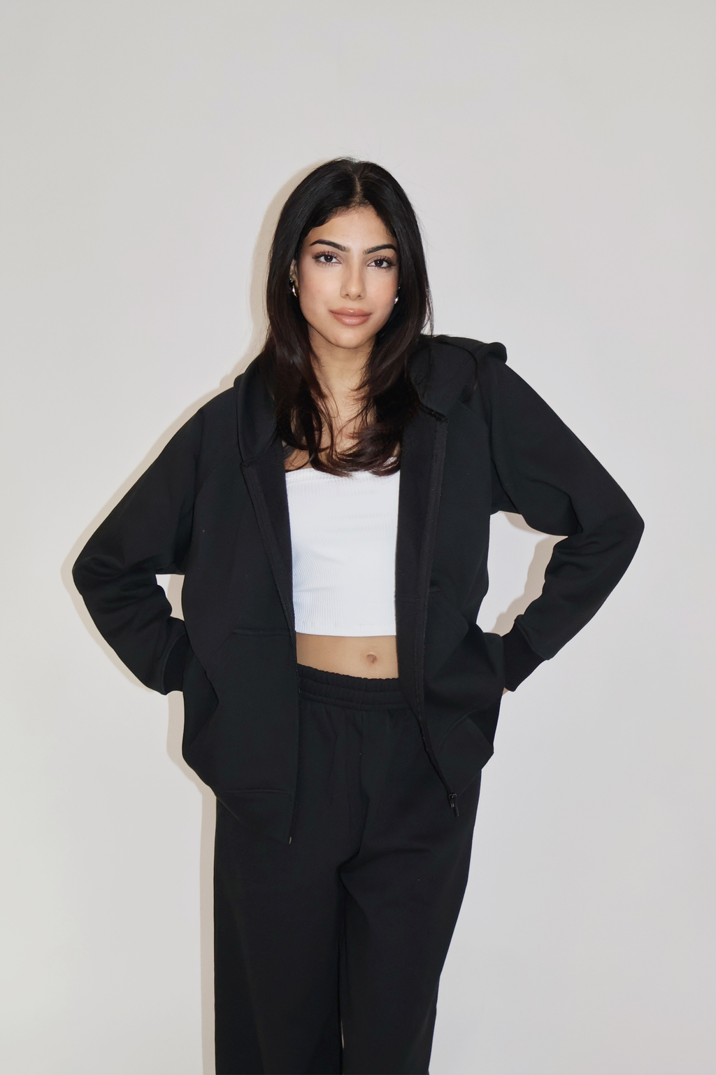 HOODED ZIPPER CO-ORD SET - (Black)