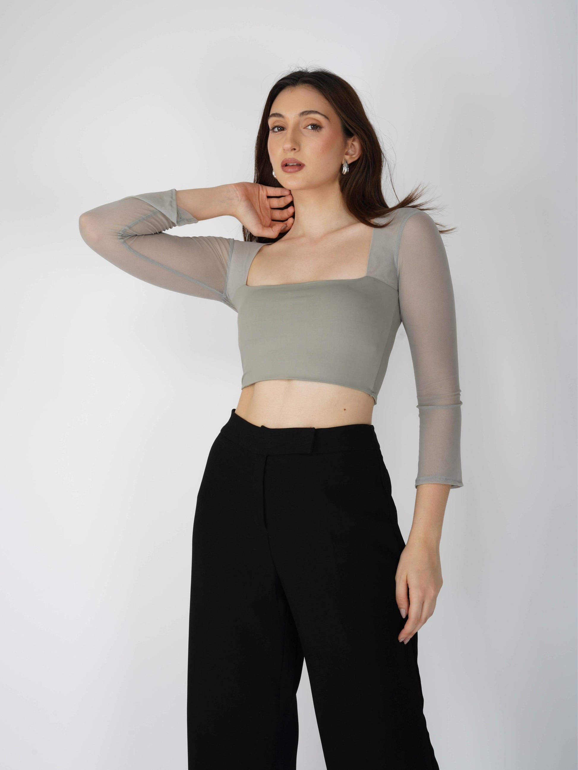 Grey Mesh Square Neck Crop Top Amber Top (Ash)