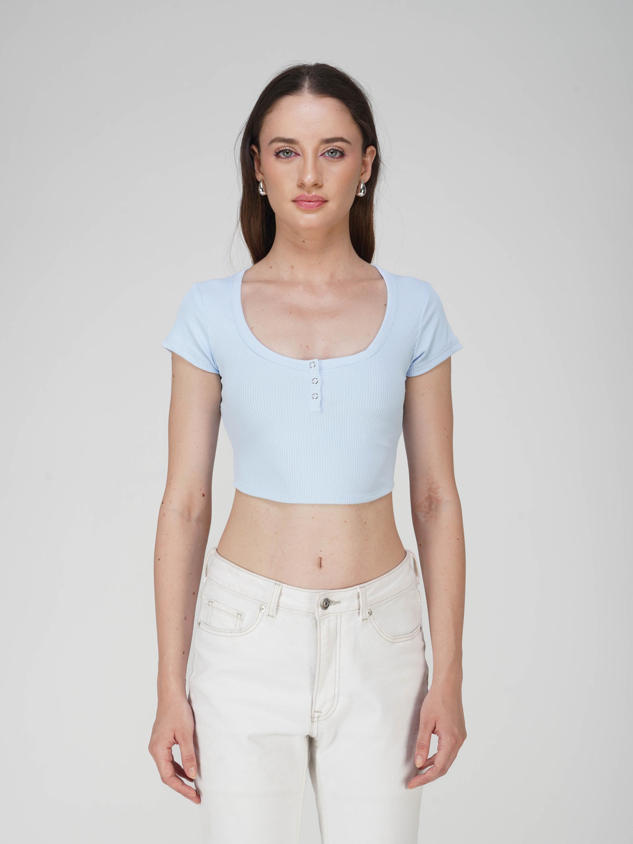 Blue Crop Scoop Neck Top - Loom Top (Sky)
