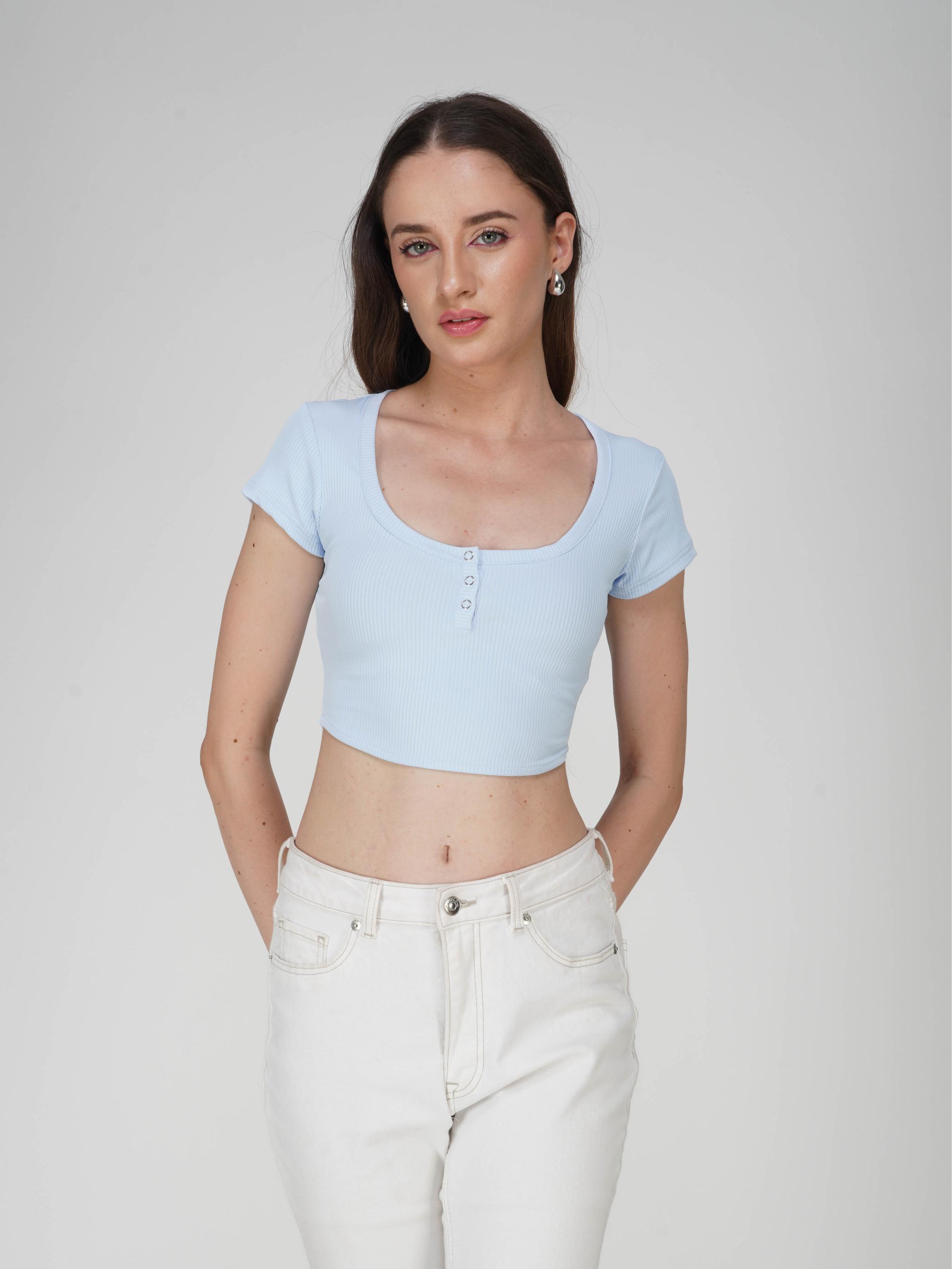Blue Crop Scoop Neck Top - Loom Top (Sky)