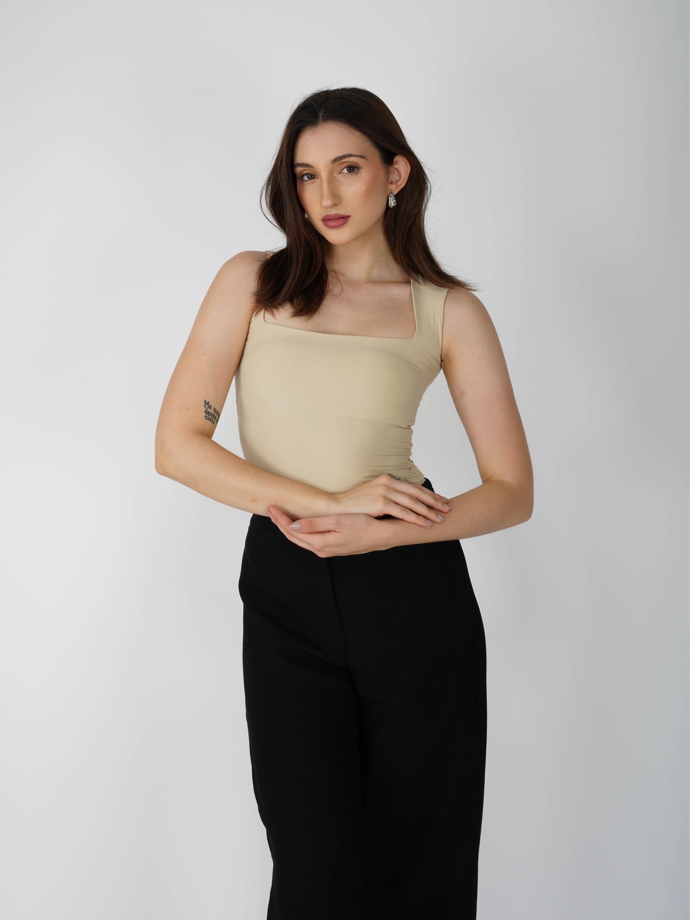 Beige Square Neck Bodysuit - Echo Bodysuit (Sand)