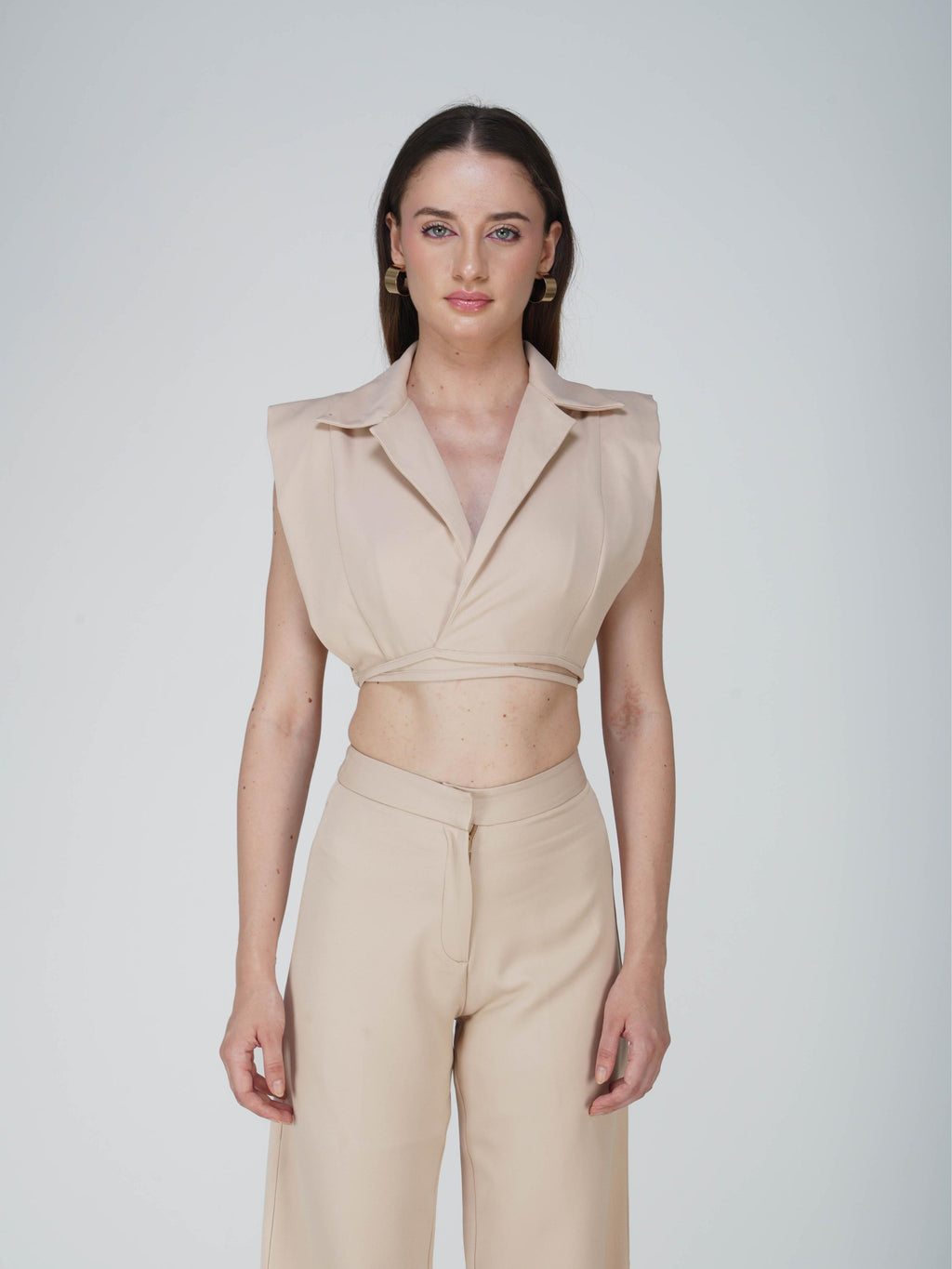 Beige Overlap Crop Blazer Set - Lucid Set (Sand)