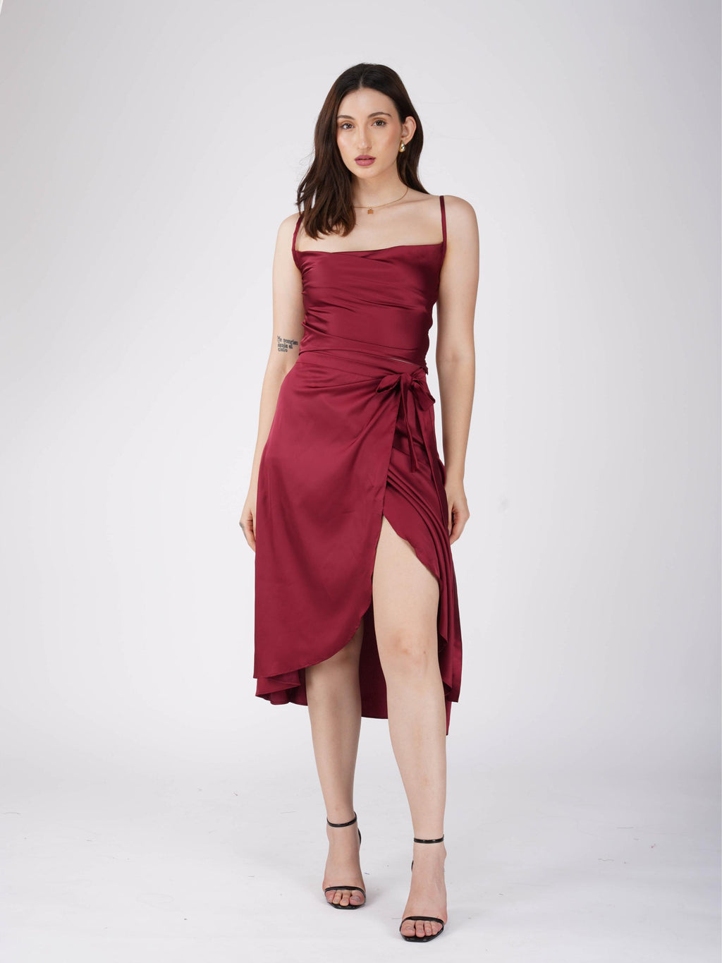 Red Cowl Neck Top + skirt  Set - Lush Set (Cherry)