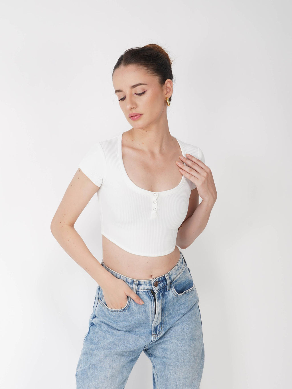 White Crop Scoop Neck Top - Loom Top (Dove)