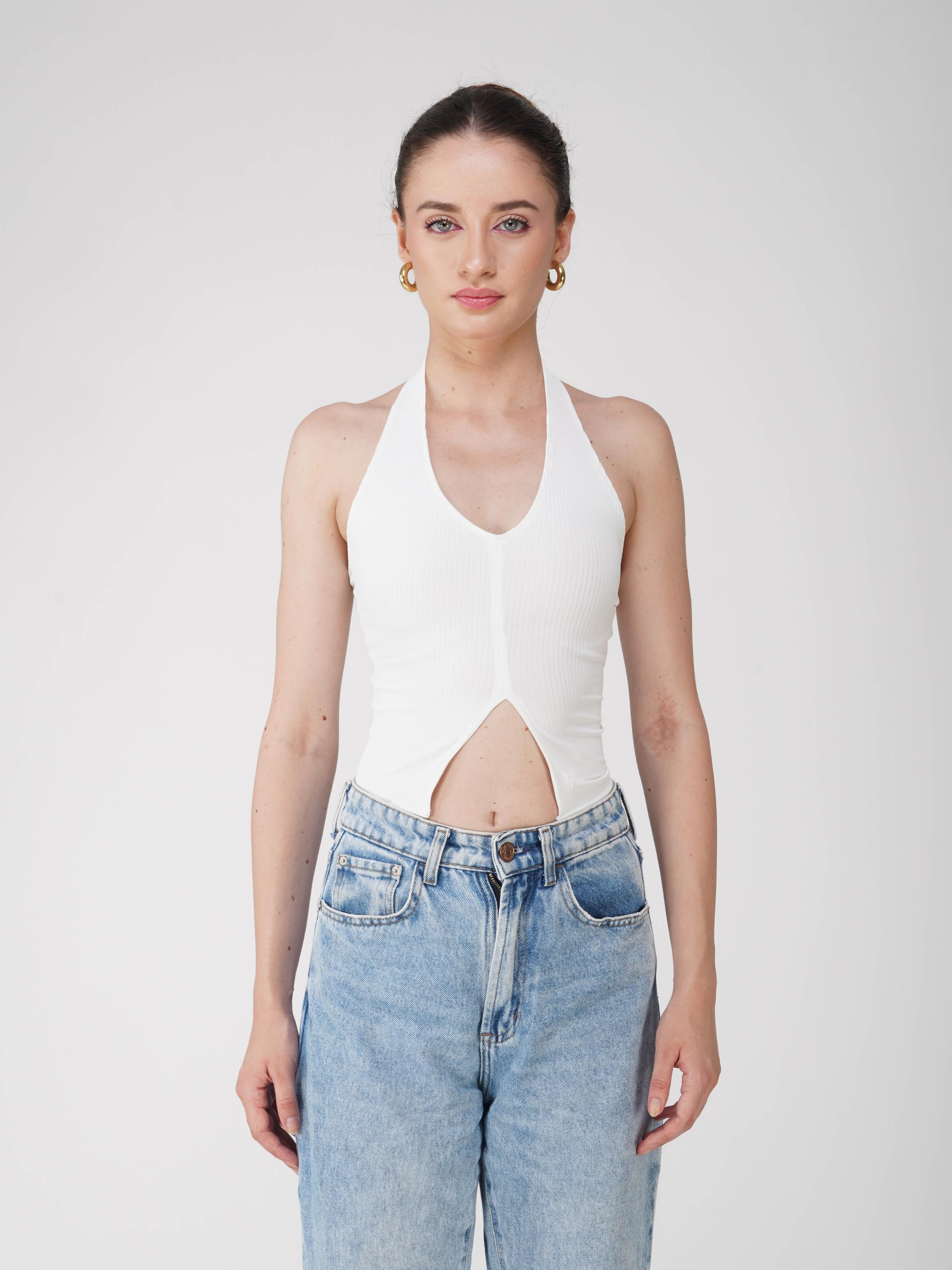 White V-Neck Halter Top - Zest Top (Dove)