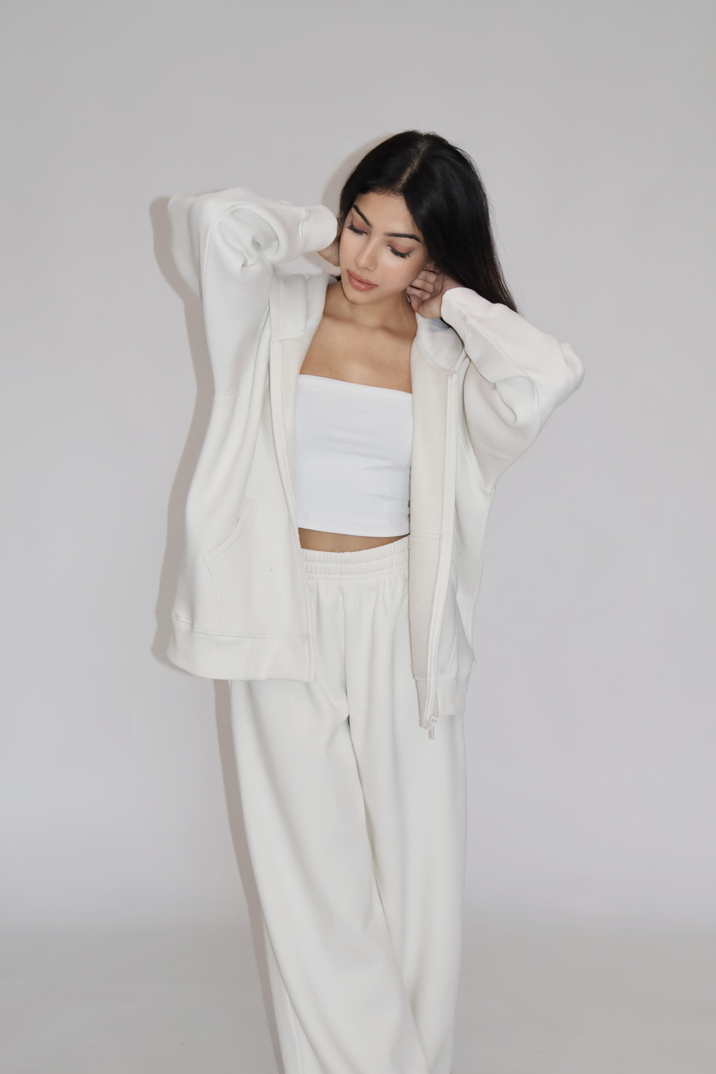 HOODED ZIPPER CO-ORD SET - (White)