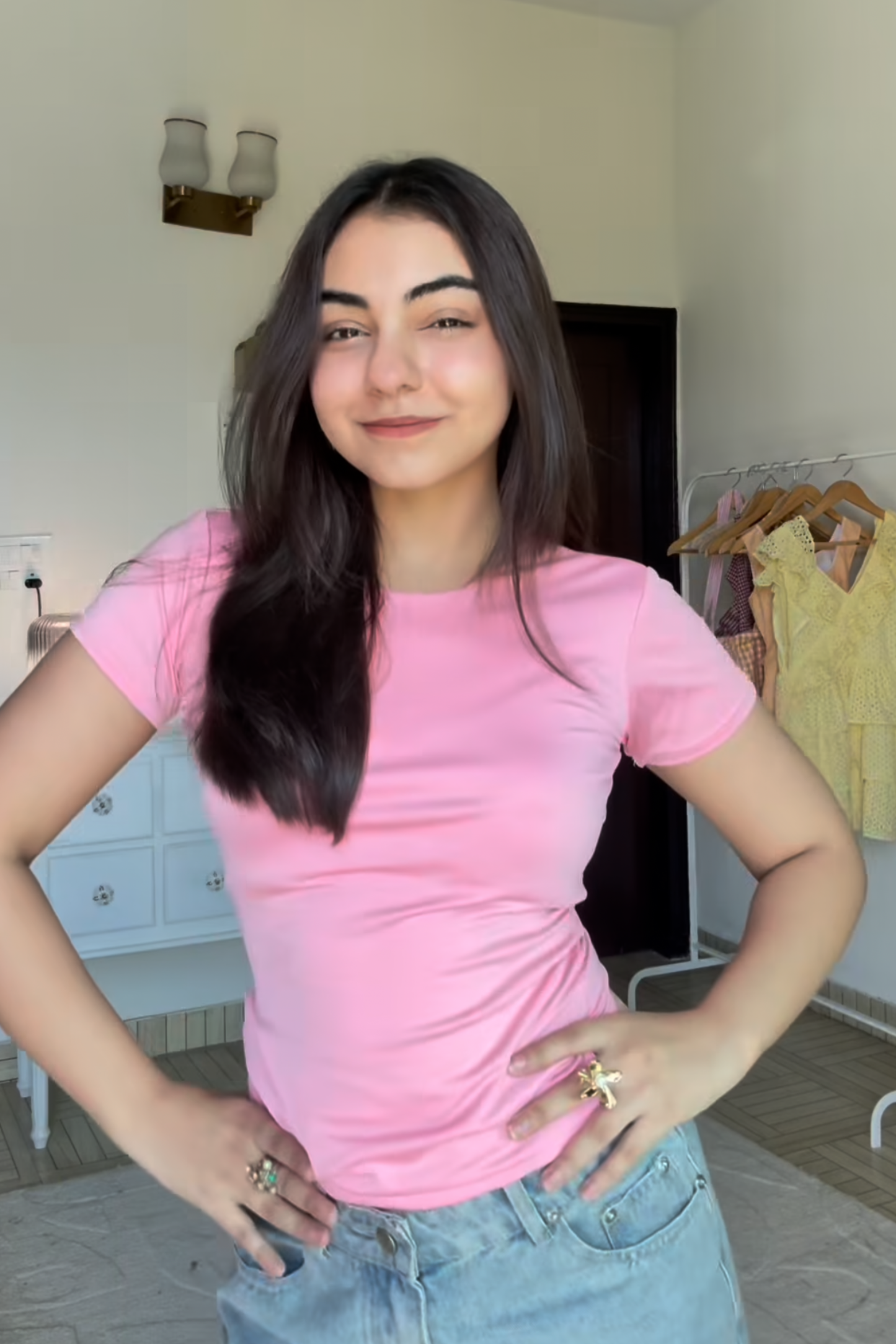 Shweta in Pink Double Layered Fitted Tee - Drift Tee (Flamingo)