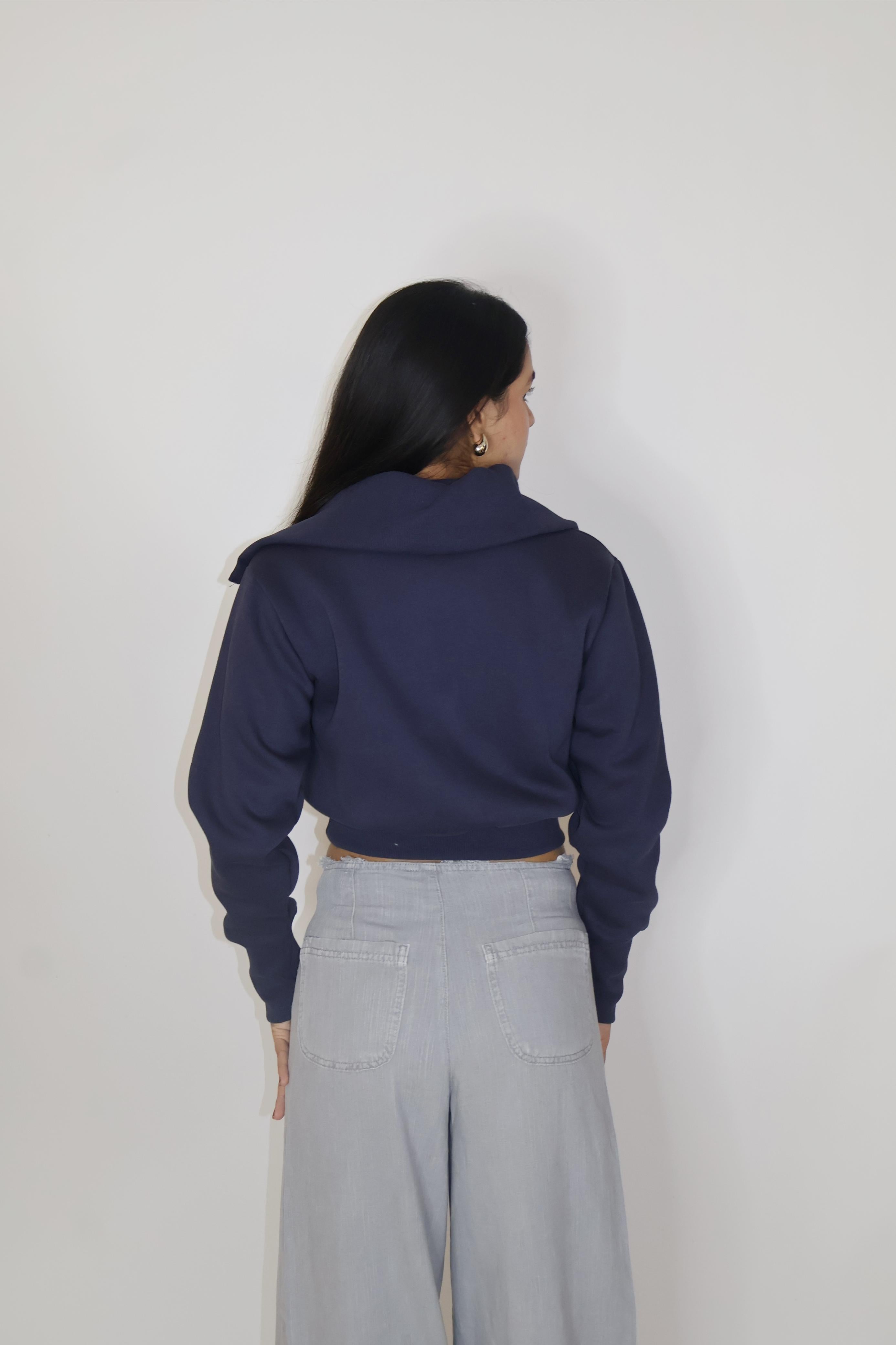 Blue Full Sleeve Cropped Zipper Top - Cropped Zipper (Navy)