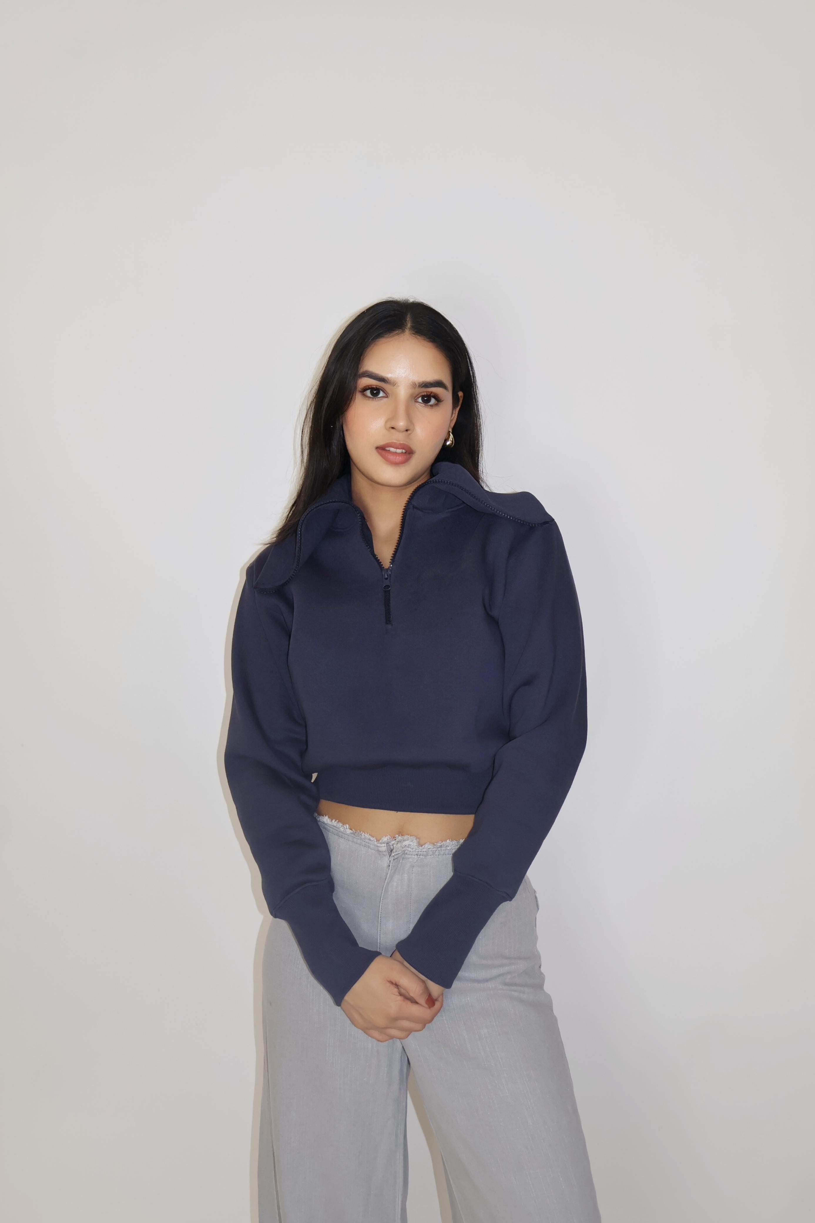 Blue Full Sleeve Cropped Zipper Top - Cropped Zipper (Navy)