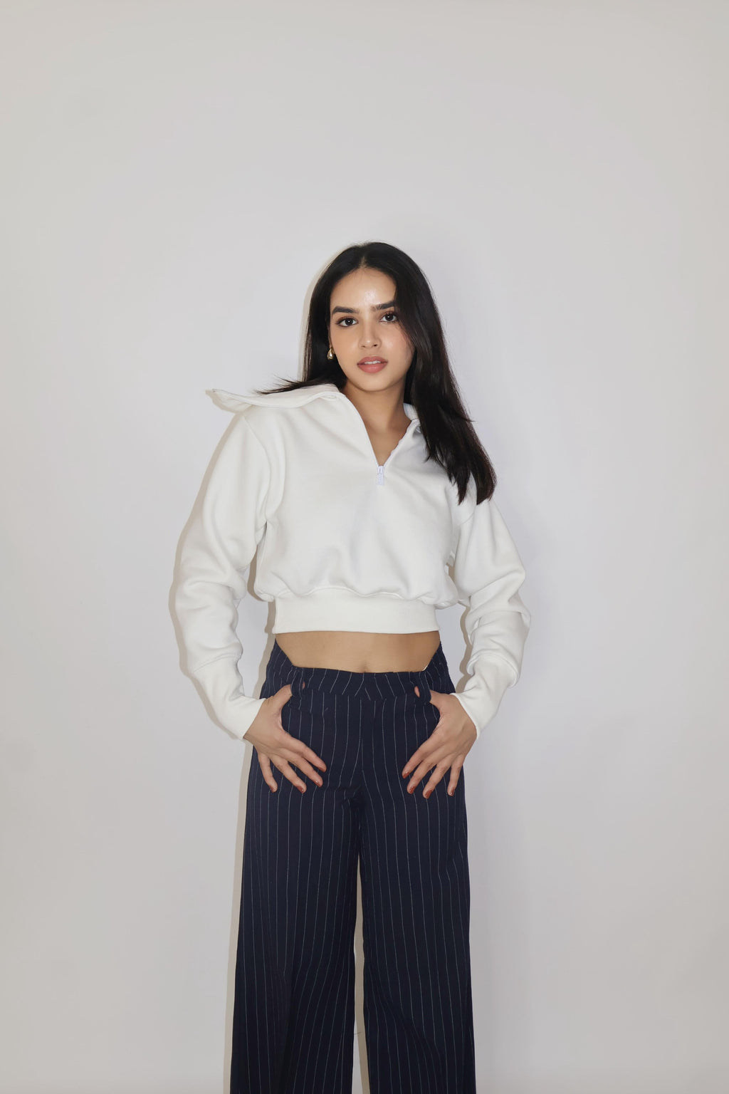 White Full Sleeve Cropped Zipper Top - Cropped Zipper (Dove)