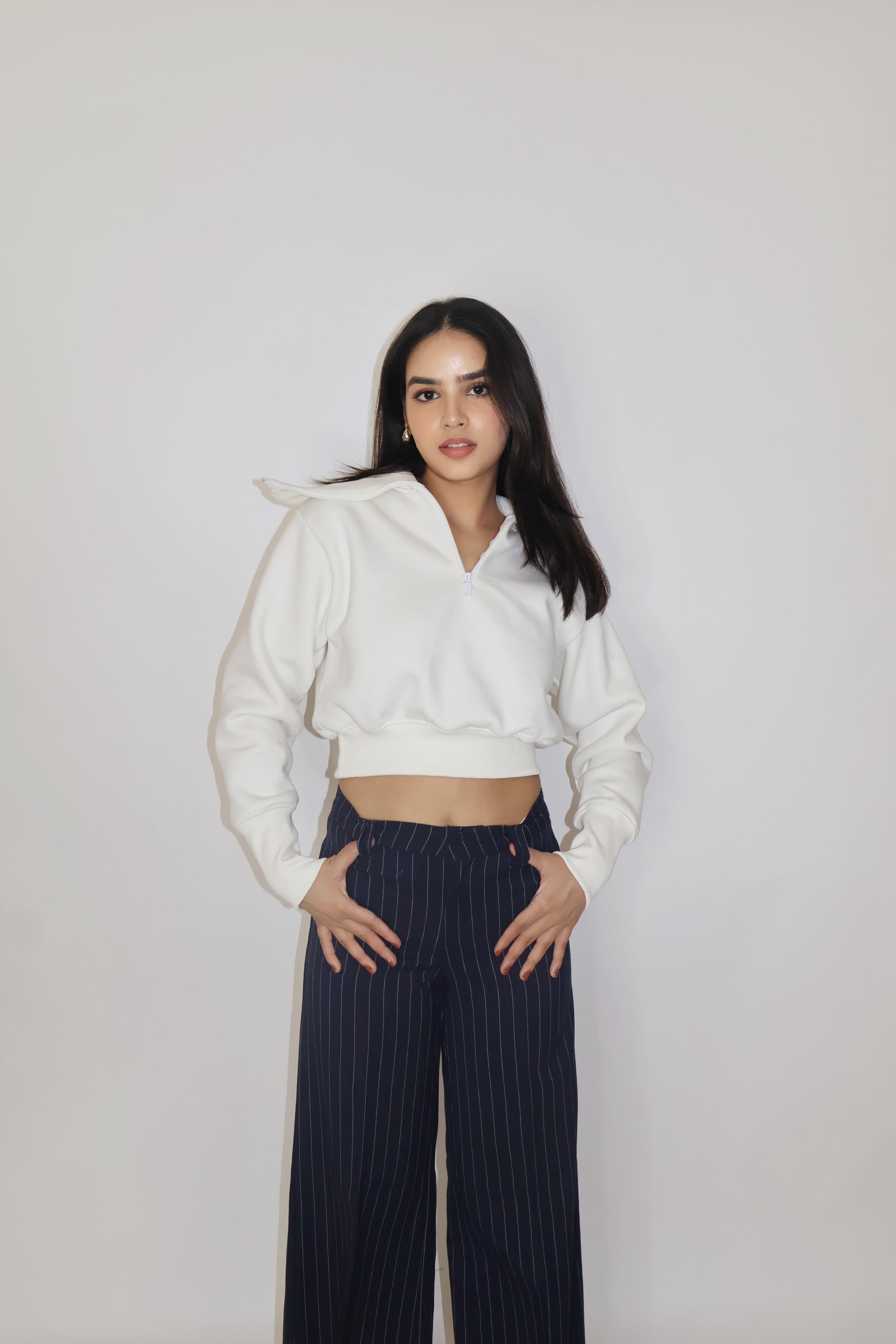 White Full Sleeve Cropped Zipper Top - Cropped Zipper (Dove)