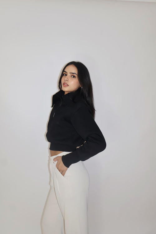 Black Full Sleeve Cropped Zipper Top - Cropped Zipper (Onyx)