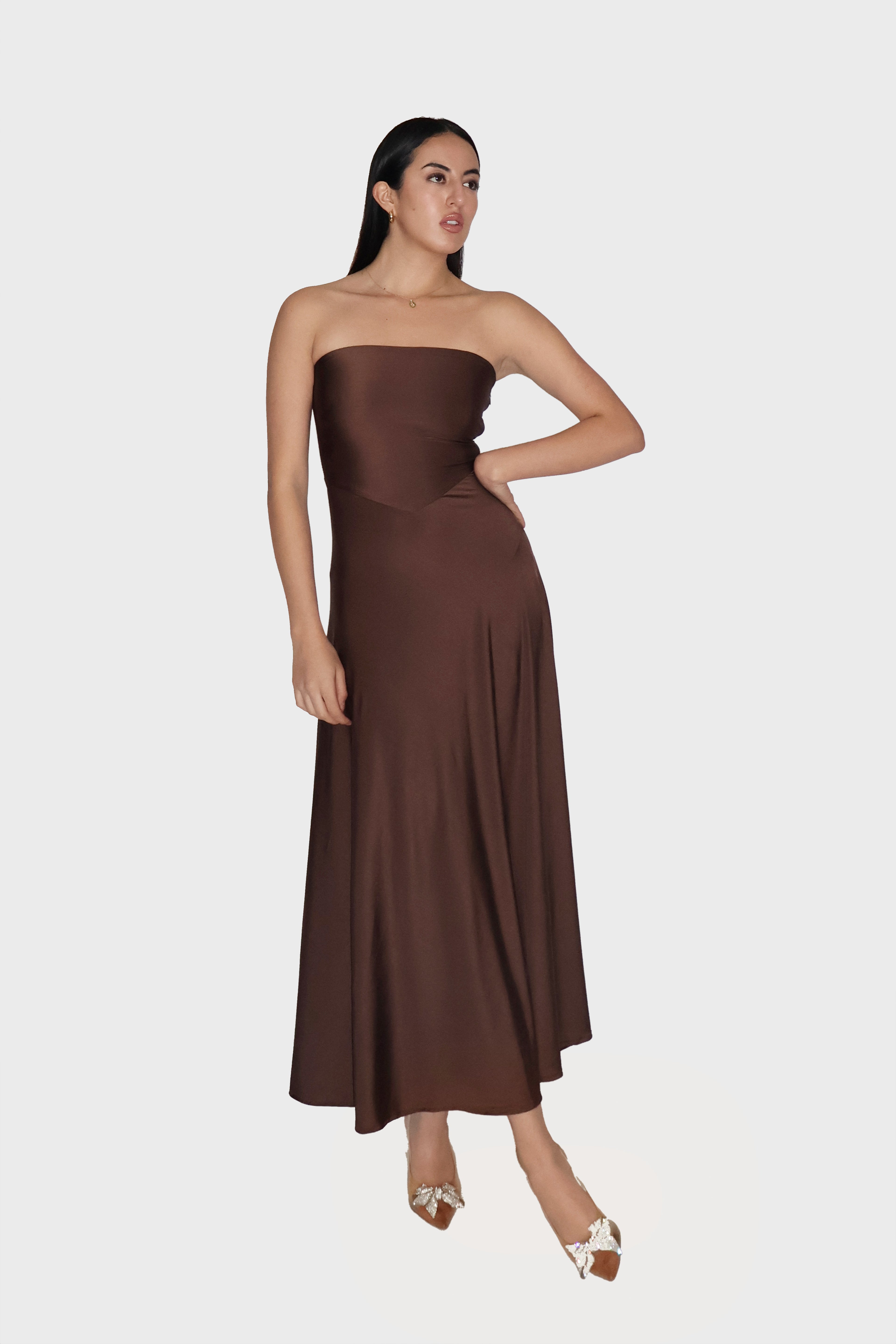 brown tube dress One-shoulder Ruffle Irregular Bodycon Dress, / M (Waist 62-98 cm) formal events and evening galas Chiccall Women's Summer Strapless Tube