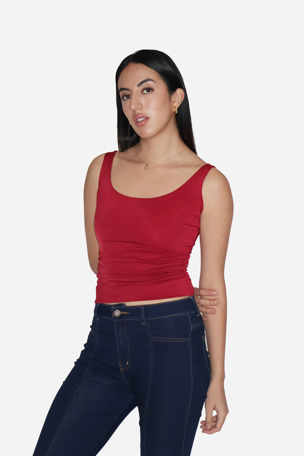 Khushi Hegde in Red Ruched Tank Top - Quill Top (Cherry)