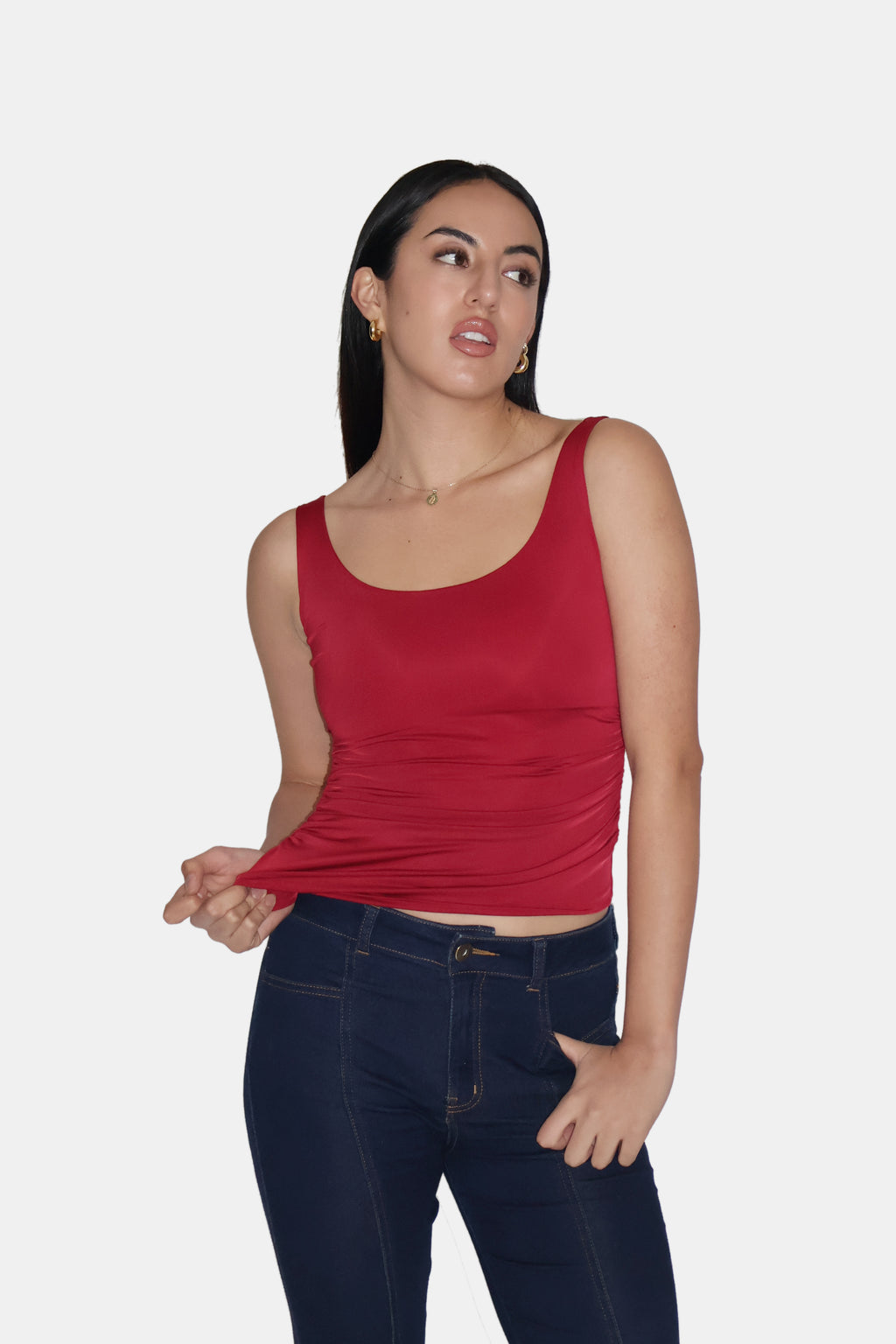 Khushi Hegde in Red Ruched Tank Top - Quill Top (Cherry)