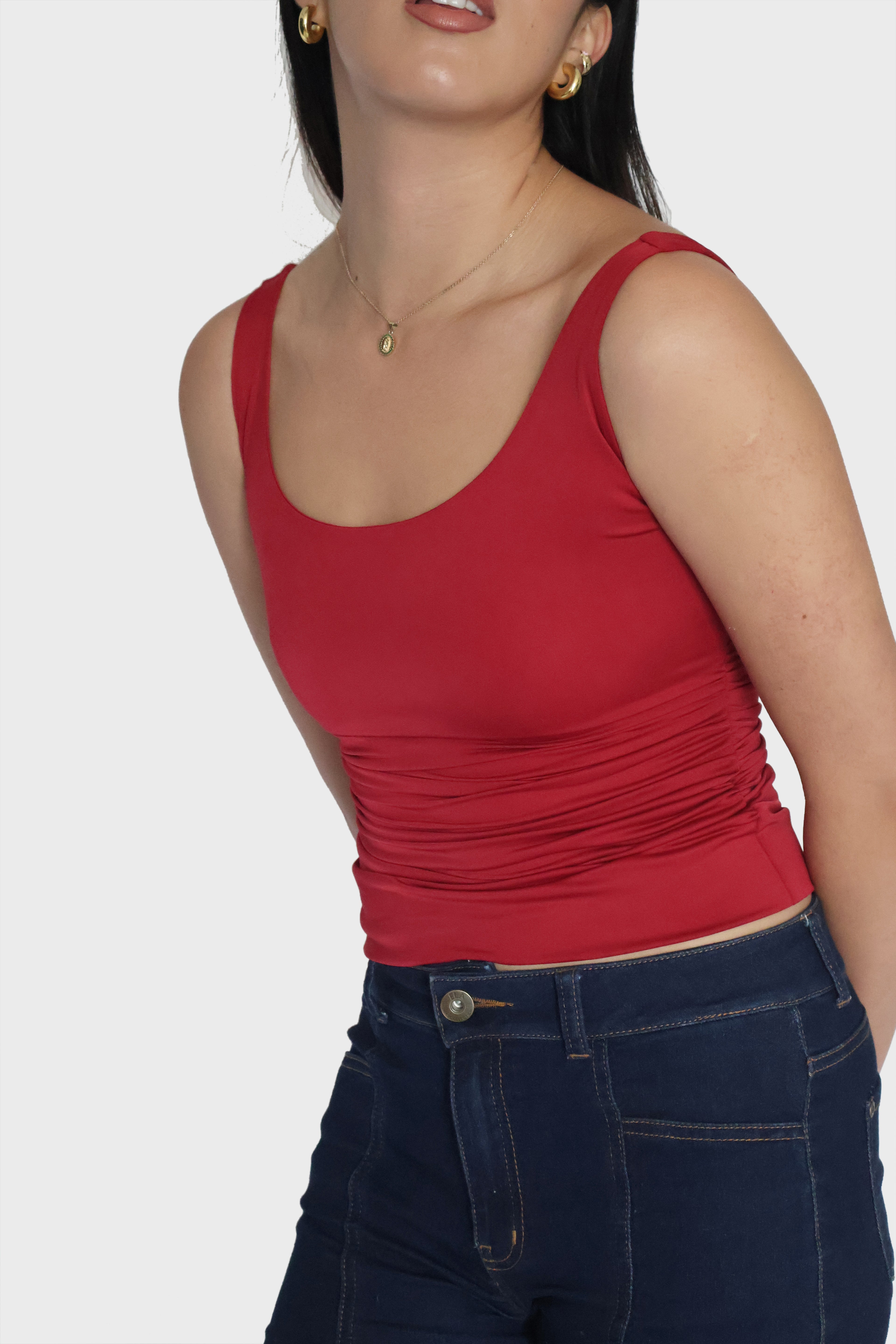 Khushi Hegde in Red Ruched Tank Top - Quill Top (Cherry)