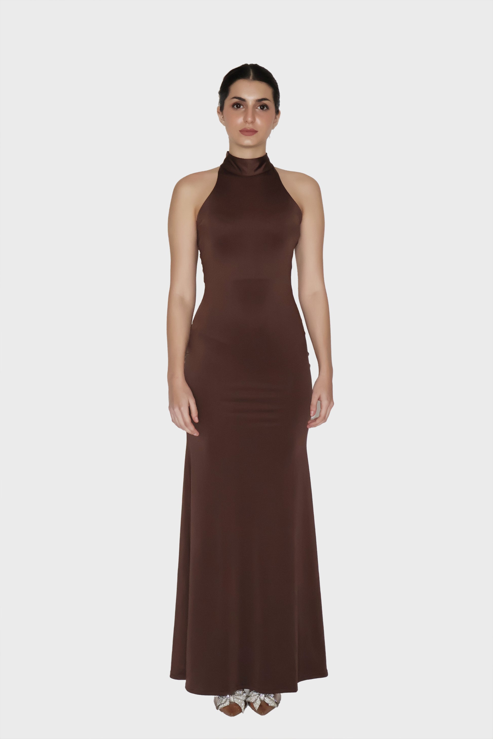 Brown Long Halter Neck Maxi Dress - Ether Dress (Coco) Brown Long Halter Neck Maxi Dress - Ether Dress (Coco)