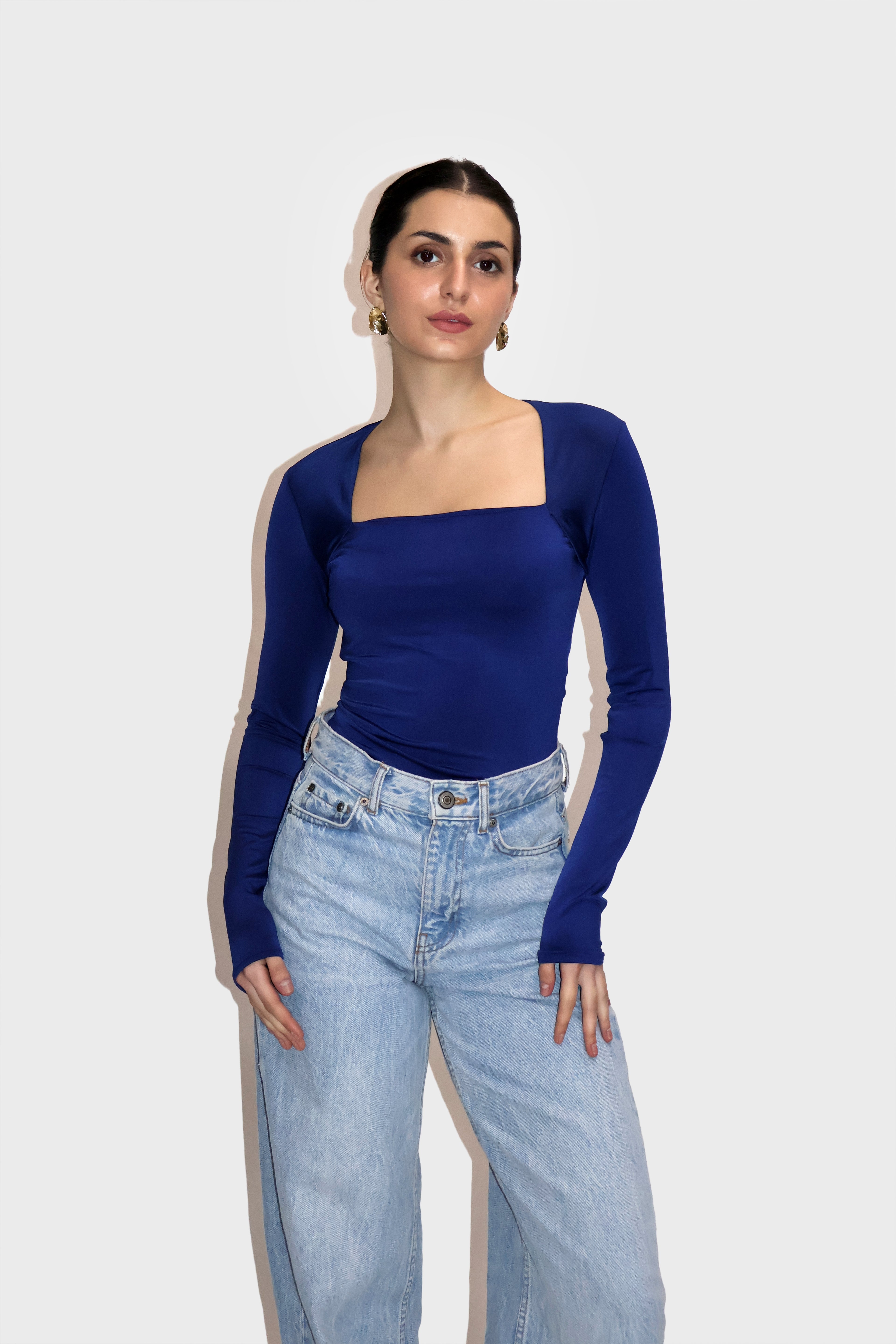 Blue Square Neck Full Sleeve Top - Sway Top (Navy)