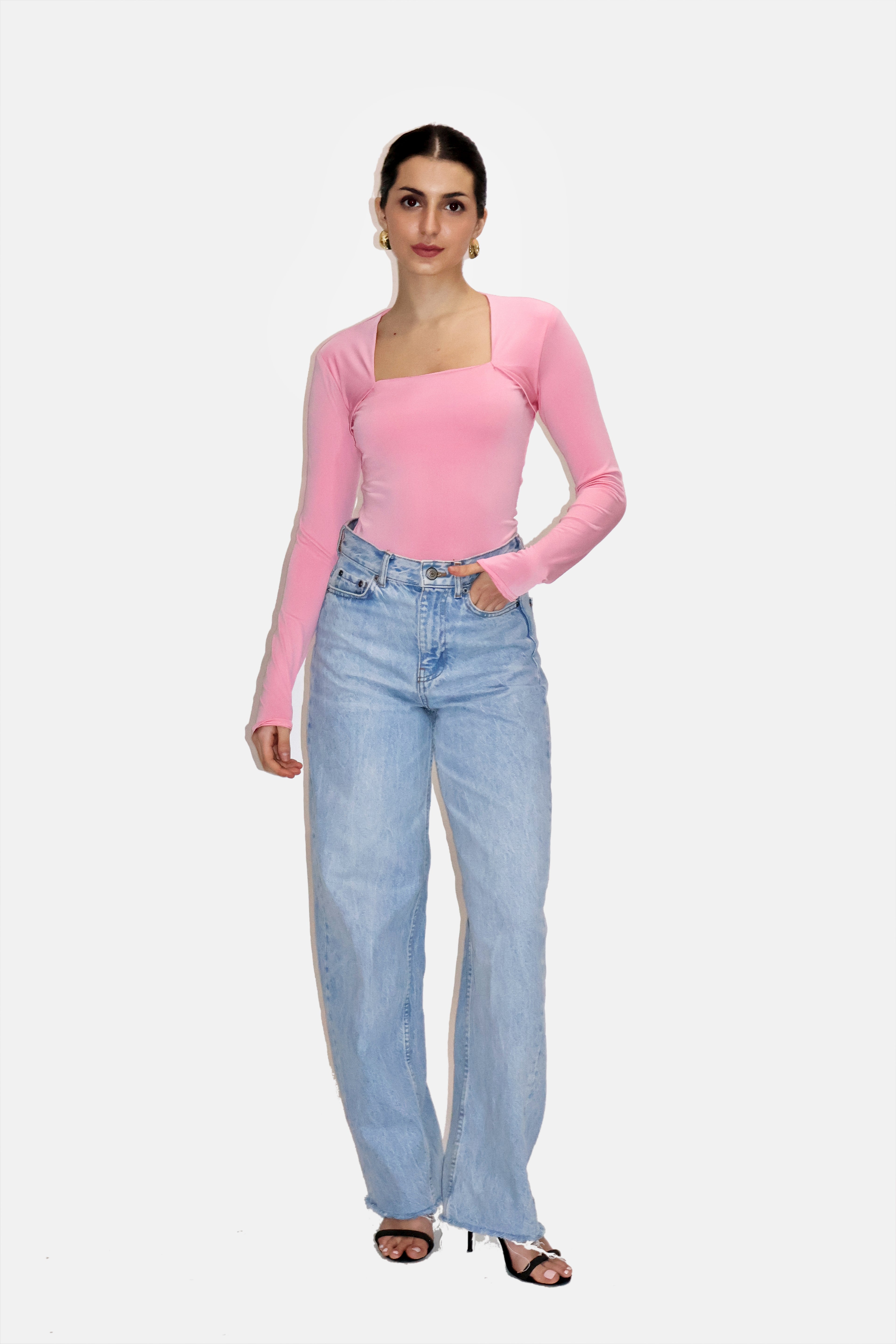 Pink Square Neck Full Sleeve Top - Sway Top (Flamingo)