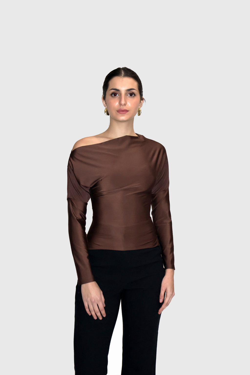 Brown One-Shoulder Full Sleeve Top - Oak Top (Coco)