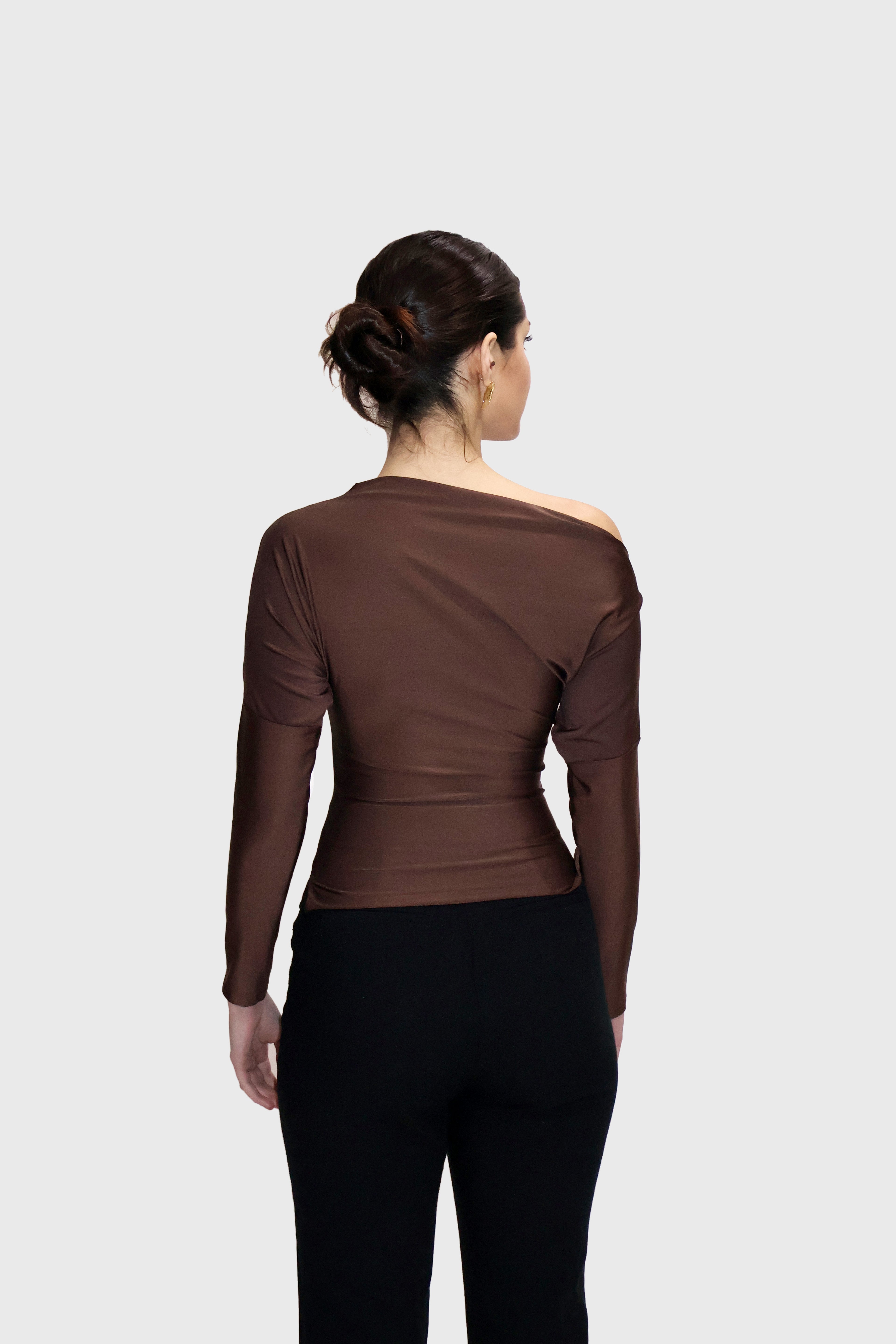 Brown One-Shoulder Full Sleeve Top - Oak Top (Coco)