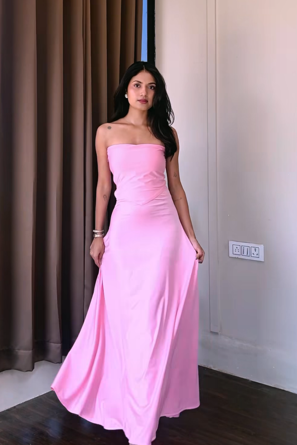 Apoorva in flow dress flamingo