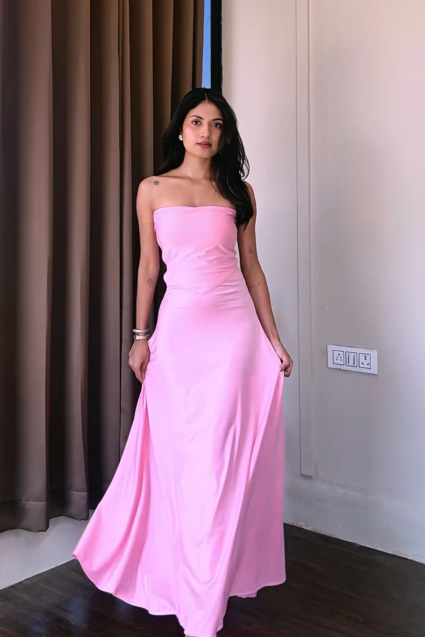 Apoorva in flow dress flamingo